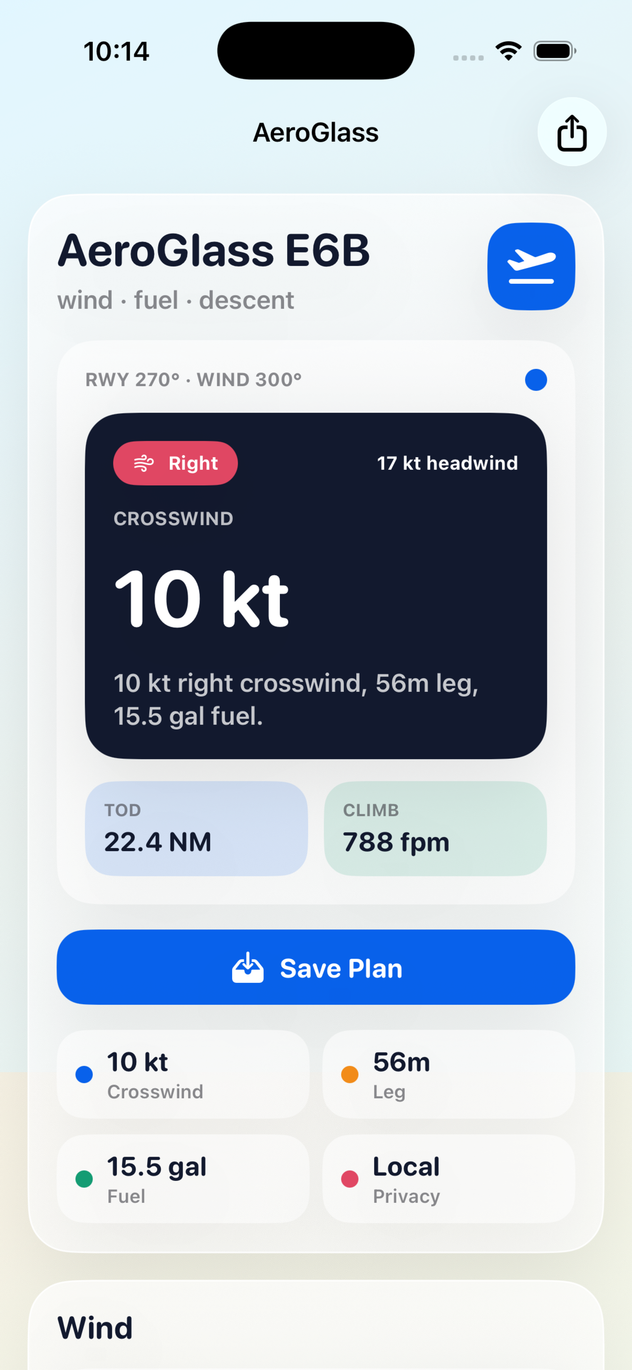 E6B Flight Calculator screenshot showing wind, fuel, and descent calculations