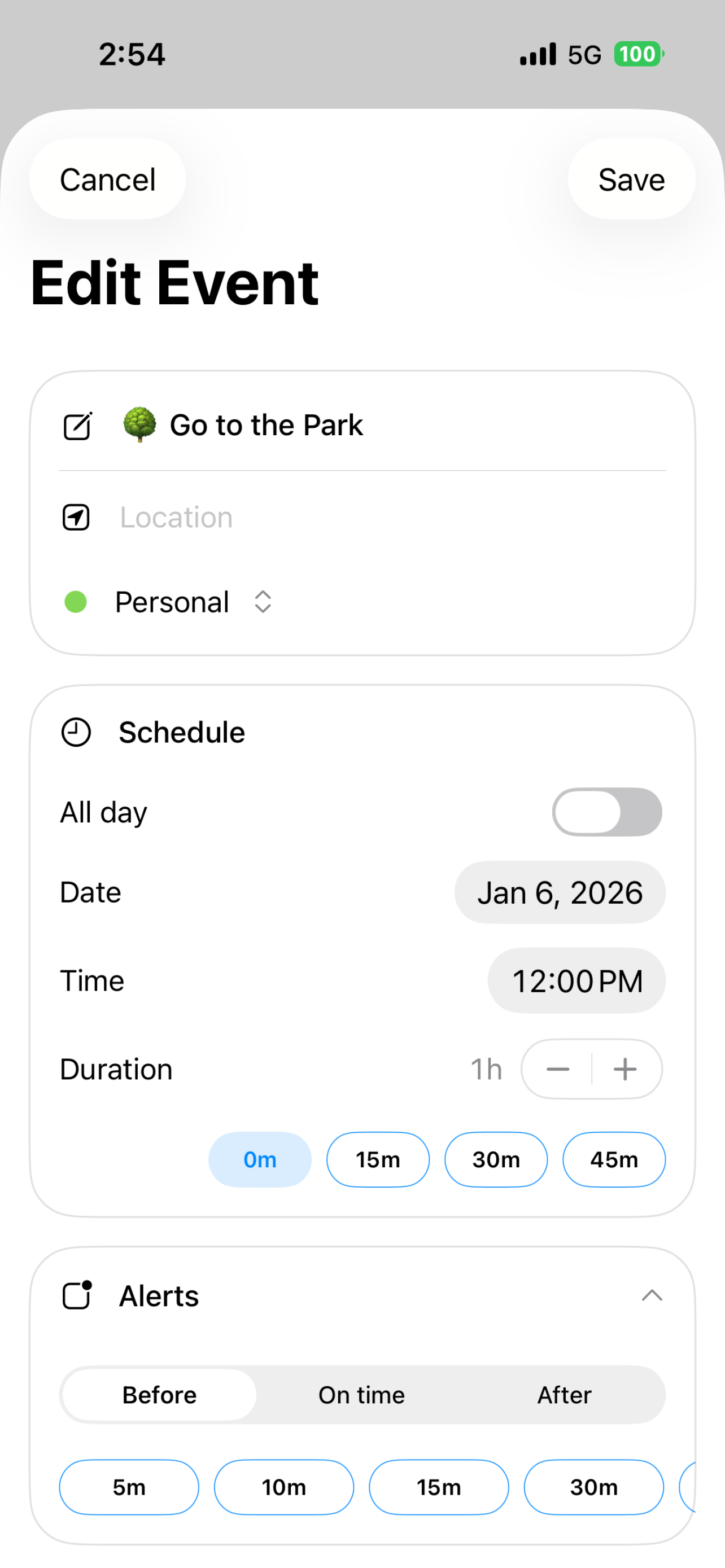 My Schedule event editing screen with schedule, duration, and alert controls.