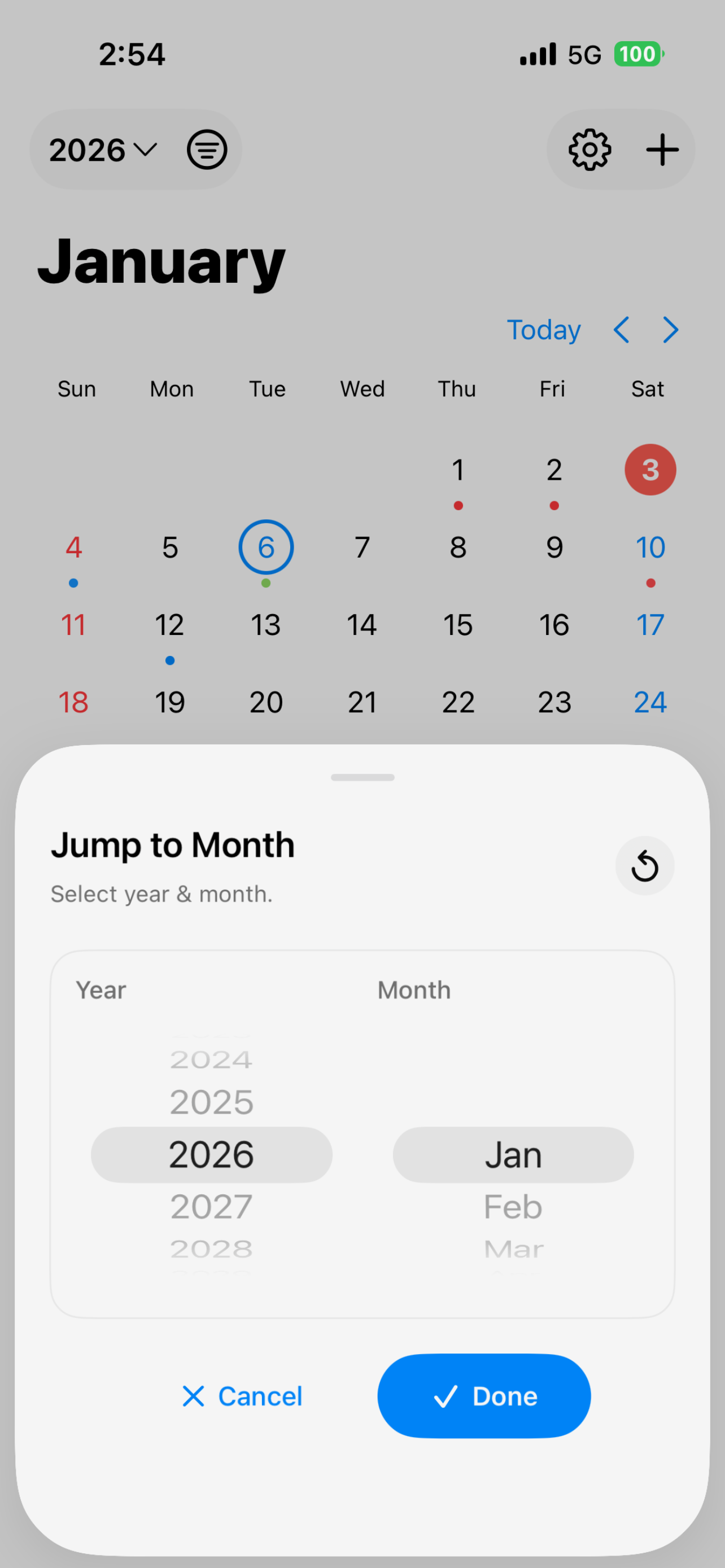 My Schedule month view with jump to month selector.