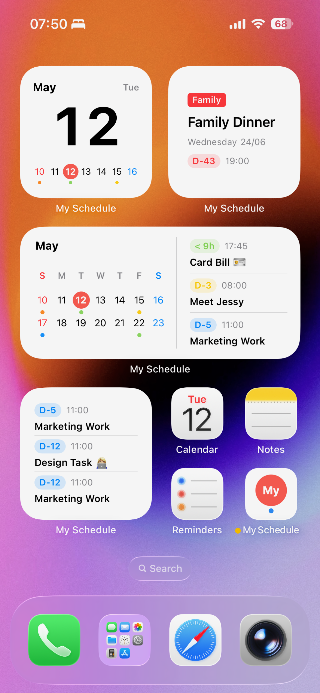 My Schedule Home Screen widgets showing calendar and upcoming events.