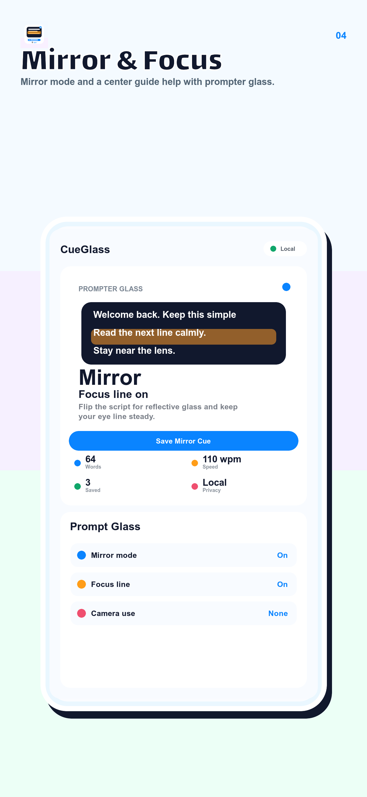 Teleprompter Script mirror and focus screenshot