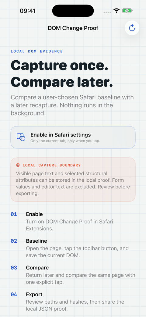 DOM Change Proof capture instructions on iPhone