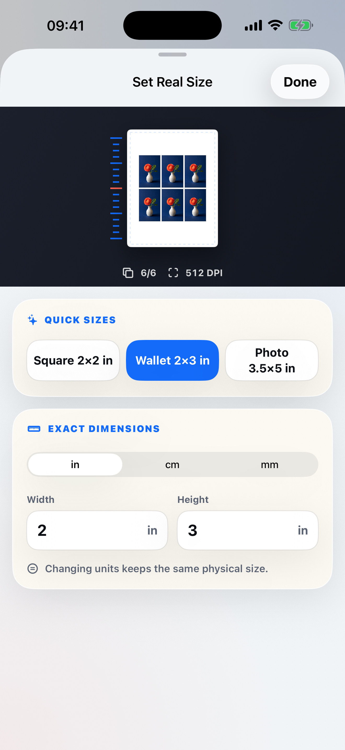 Actual iPhone app screen showing width and height fields with inch, centimeter, and millimeter choices