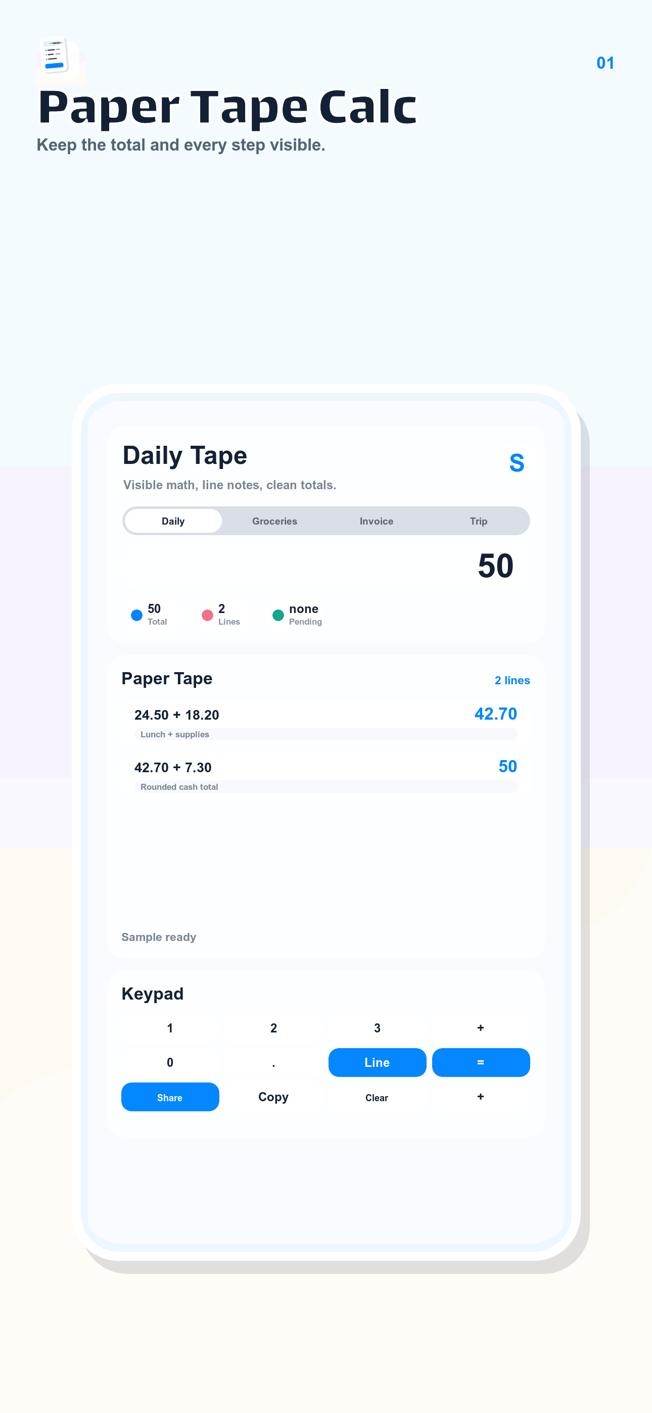 Paper Tape Calc screenshot showing paper tape calculation lines