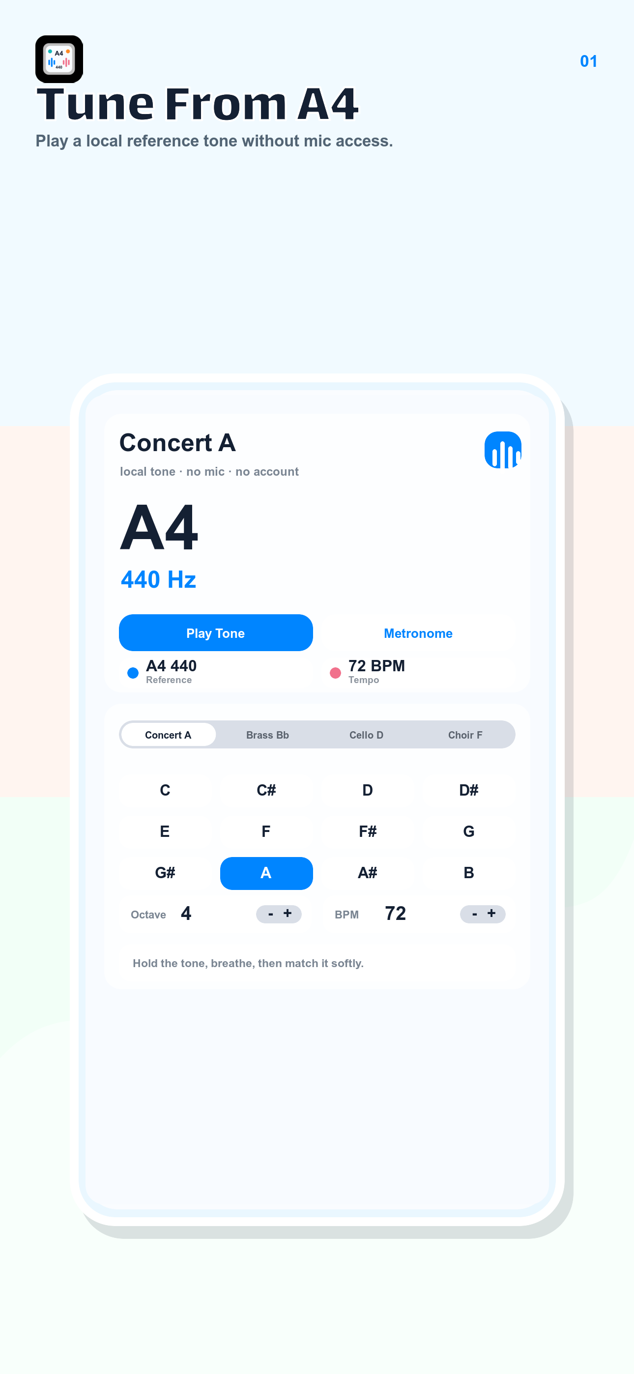 Pitch Drone screenshot showing a local A4 tone board