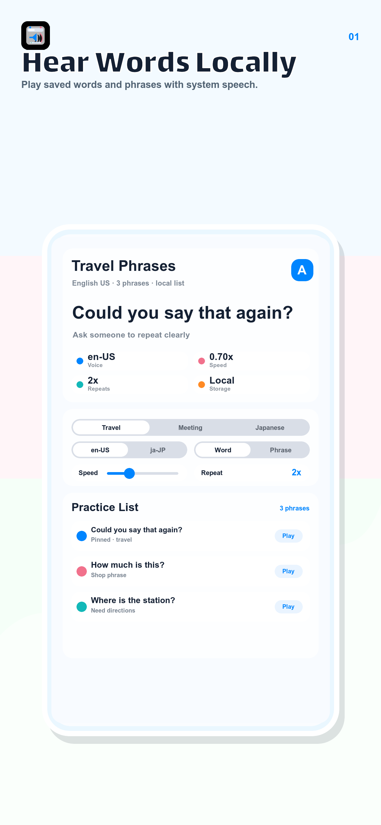 Pronounce Practice screenshot showing a local phrase pronunciation board