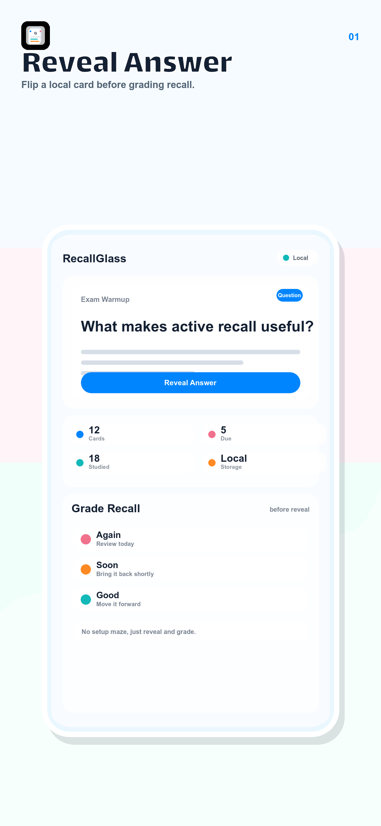 Flashcard Recall screenshot showing a local flashcard reveal screen