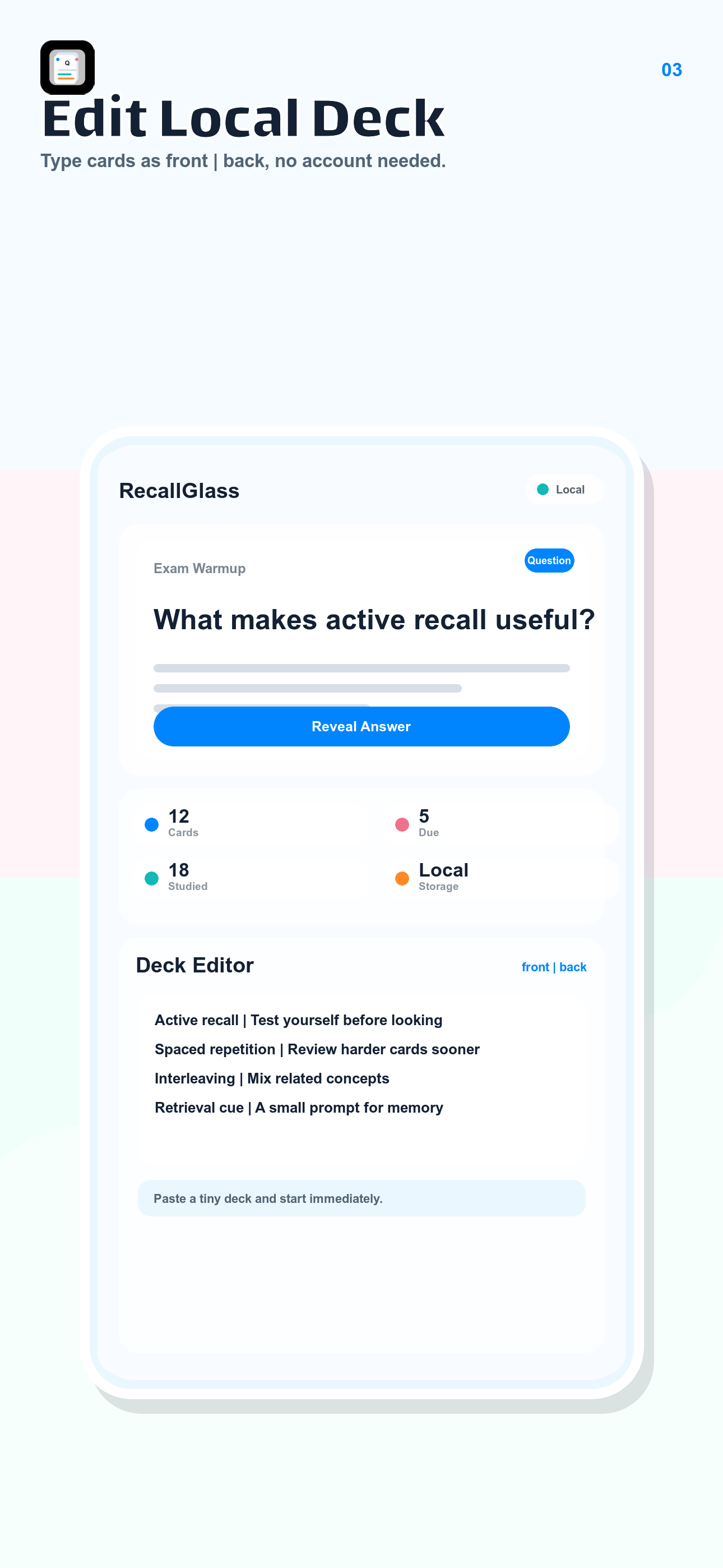 Flashcard Recall local deck editor screenshot