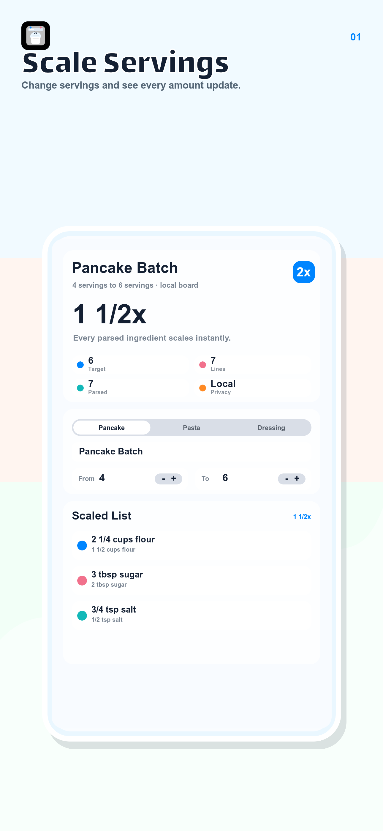 Recipe Serving Scaler screenshot showing a local recipe scaling board