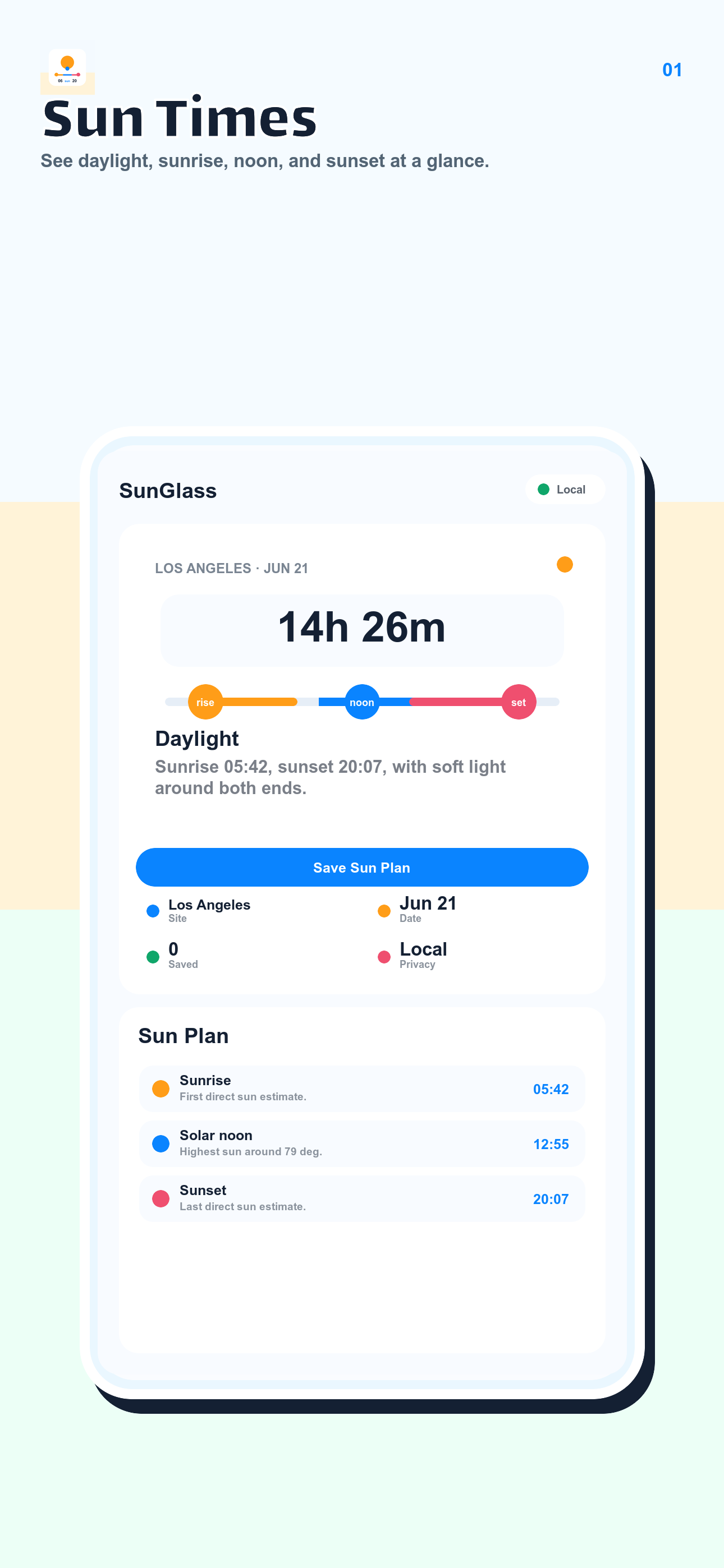 Sunlight Planner screenshot showing daylight and sun times