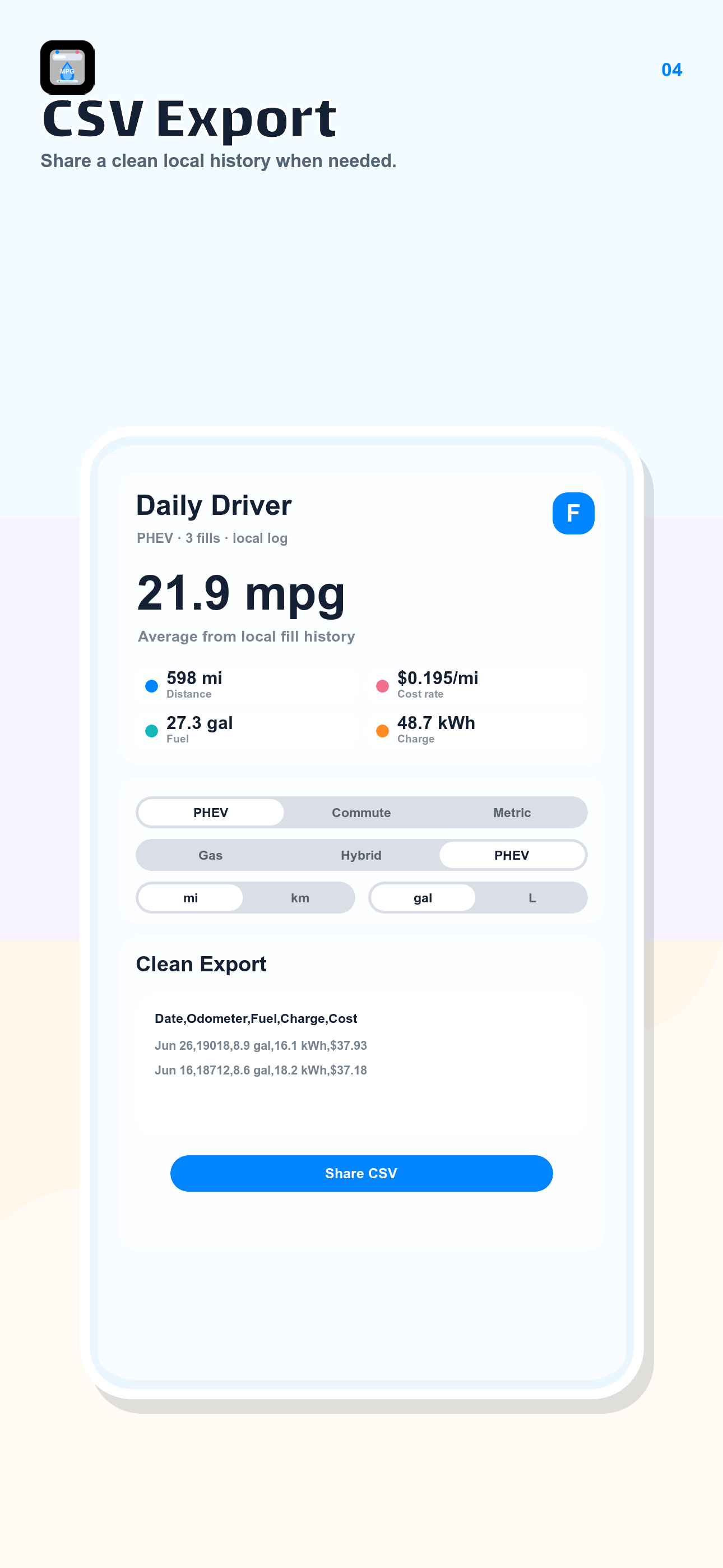 TankGlass CSV export screenshot