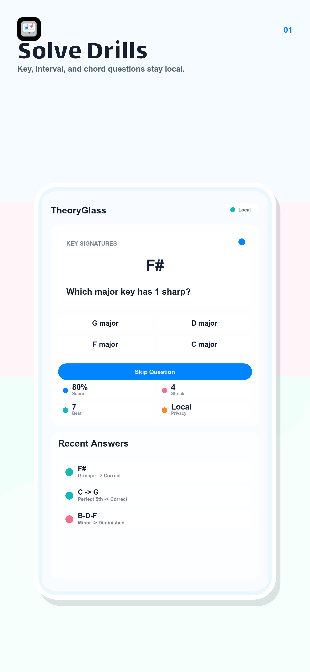 Music Theory Drills screenshot showing a local key signature quiz